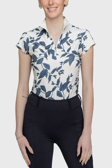 Kastel Denmark Indigo Lithograph Leaf 1/4 Zip Cap Sleeve Shirt